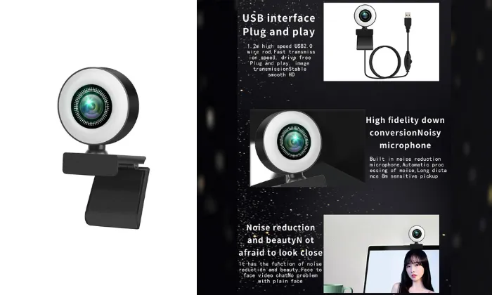 1080P Webcam With Adjustable Light and Noise-reducing Microphones