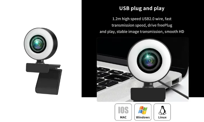 1080P Webcam With Adjustable Light and Noise-reducing Microphones