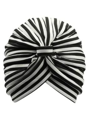 Black & White Striped Fashion Turban Head Wrap With Front Knot