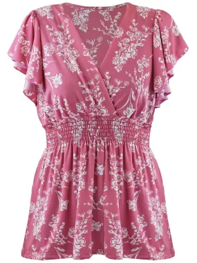 Blush Pink Floral Print Short Sleeve V-Neck Tunic Top