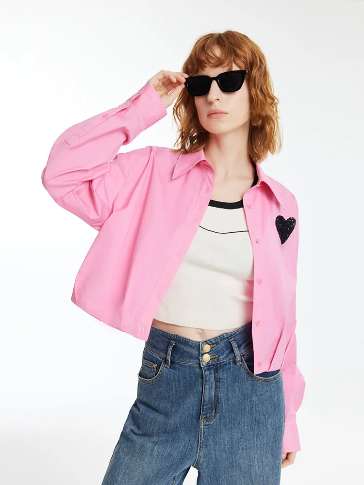 Heart-Shaped Sequins Women Crop Shirt With Pleated Hem