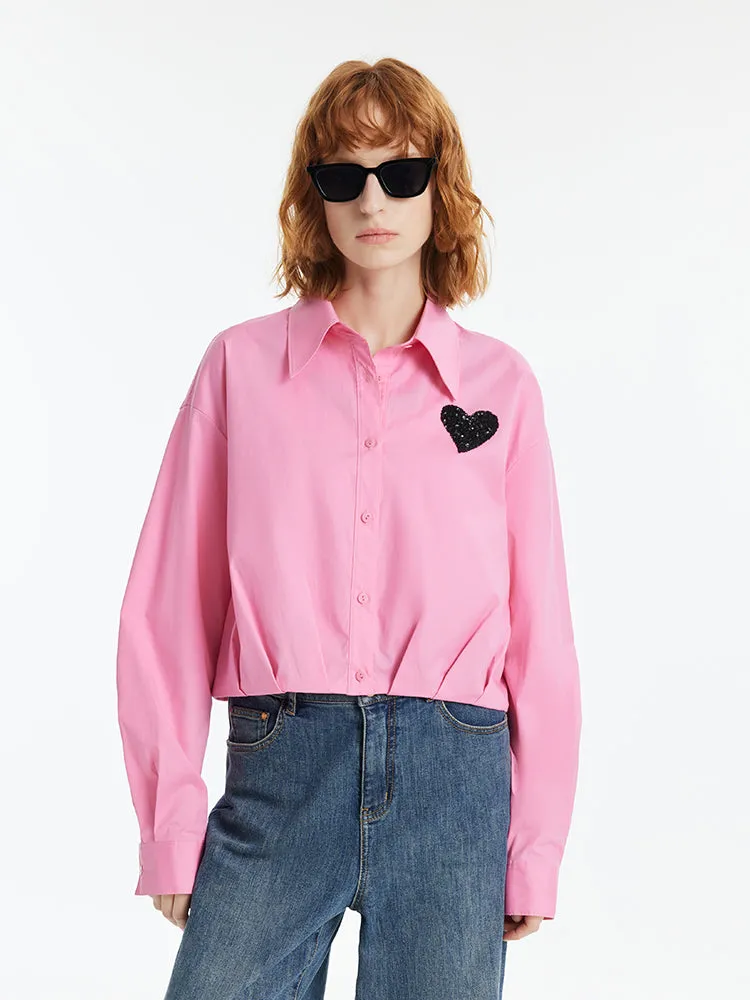 Heart-Shaped Sequins Women Crop Shirt With Pleated Hem