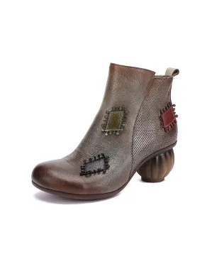 Leather Patch Retro Round Head Chunky Boots