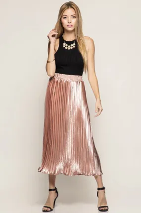 Metallic Pleated Midi Skirt