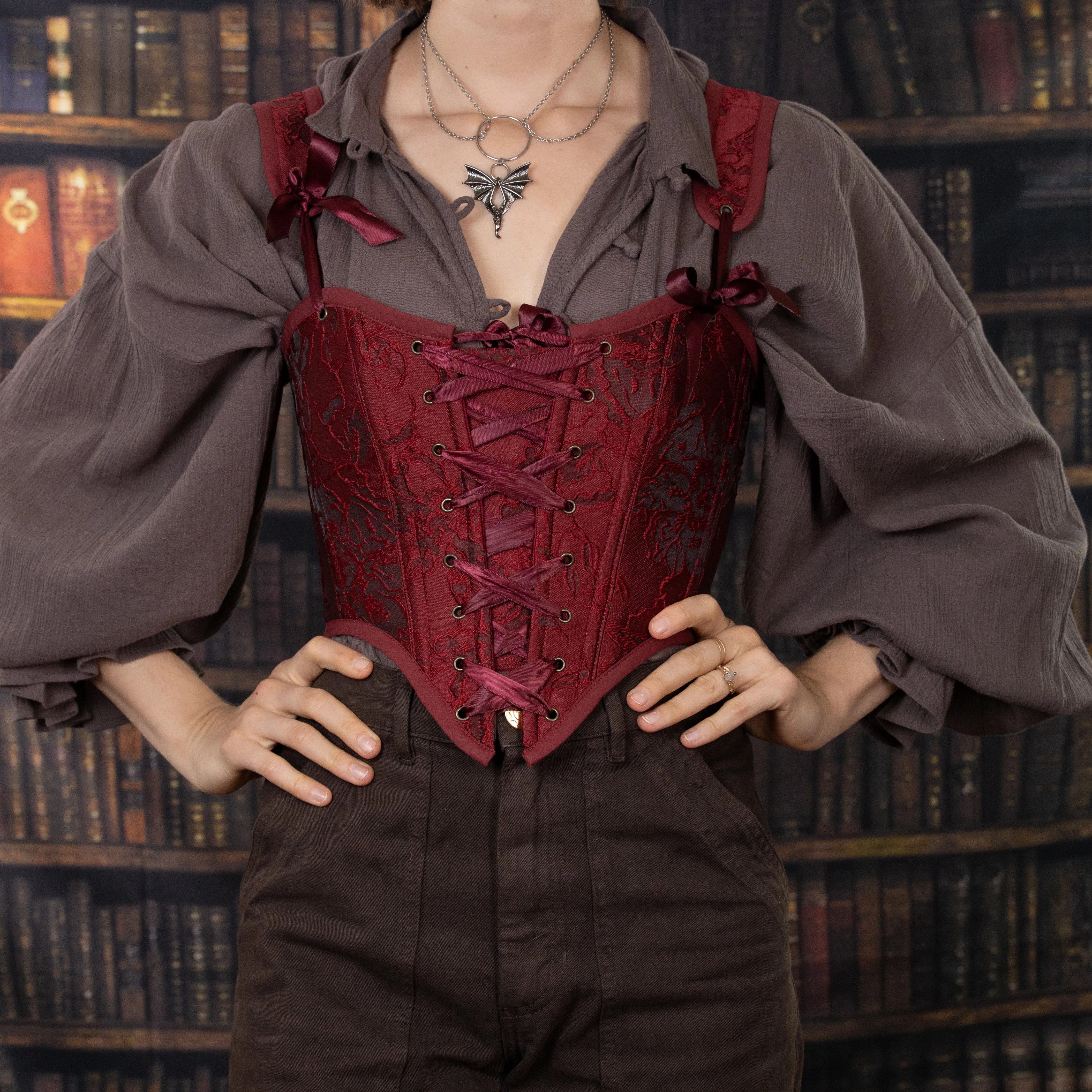 Red Floral Jacquard Corset Top